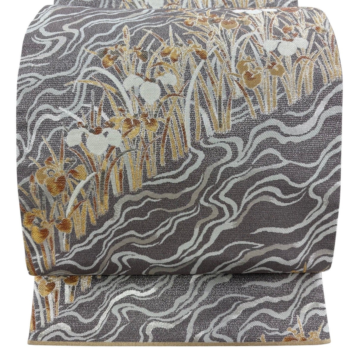 美品】 袋帯 秀品 菖蒲 流水 金銀糸 箔 灰紫 六通 正絹｜中古・古着