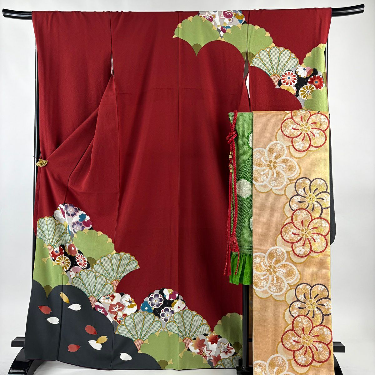 30%OFF 振袖 身丈169cm 裄丈69cm L 袷 袋帯フルセット 菊 花びら 金彩