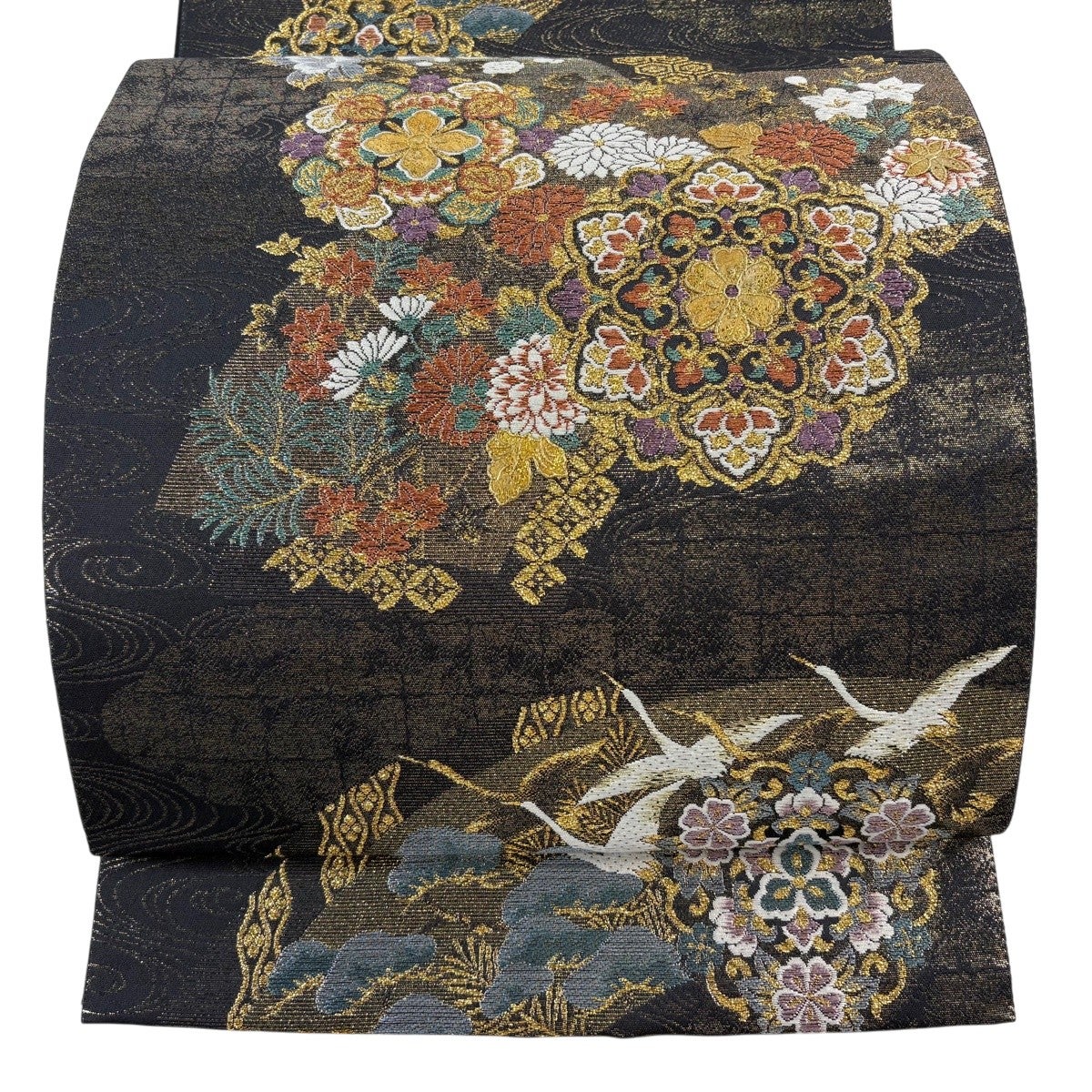 美品】 袋帯 秀品 華文 草花 箔 金彩 墨色 お太鼓柄 正絹｜中古・古着