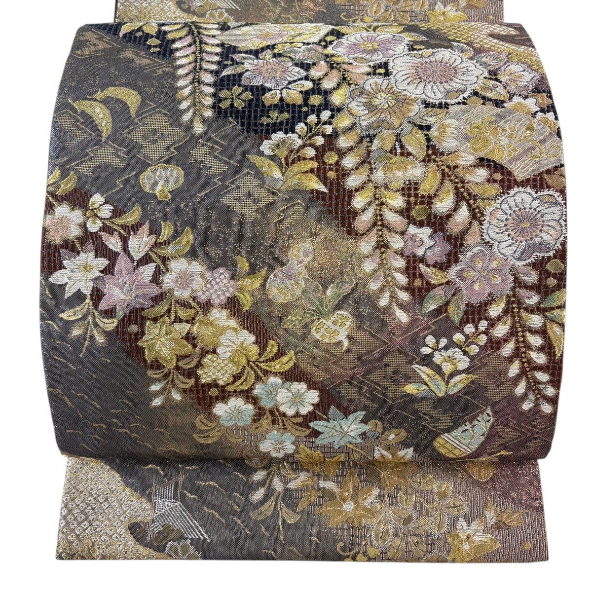 袋帯 名品 夏帯 絽 鹿 枝花 金銀糸 箔 茶紫 六通 正絹