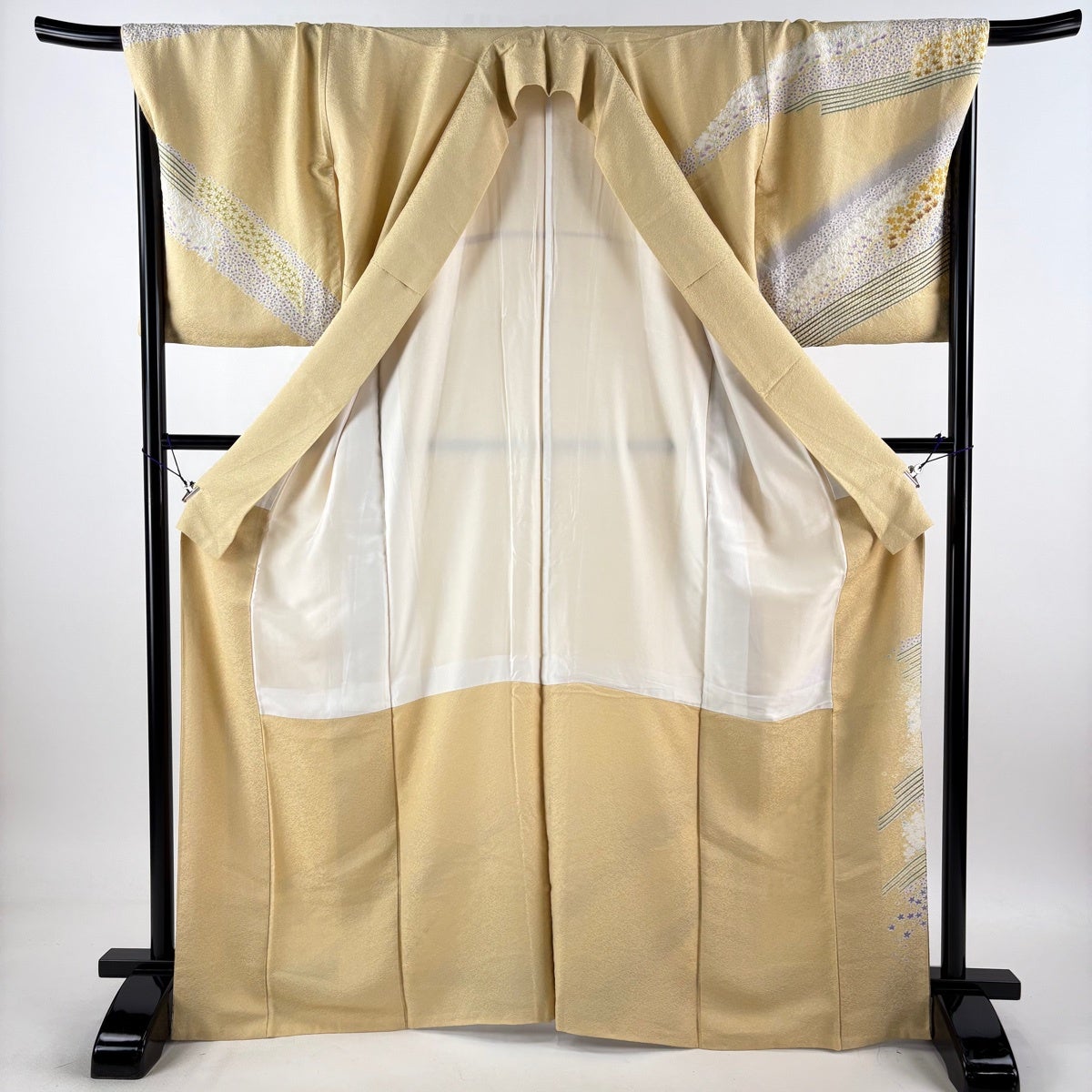 美品】 訪問着 身丈168.5cm 裄丈70cm L 袷 桜楓 斜縞 銀通し 絞り 薄黄