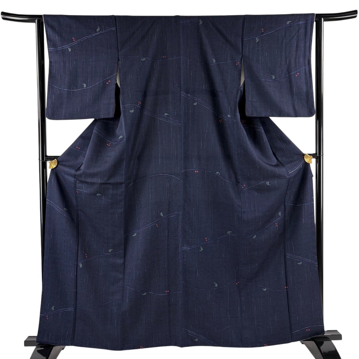 小紋 身丈162cm 裄丈62cm S 袷 葉と実 縞 濃紺 正絹 優品｜中古・古着