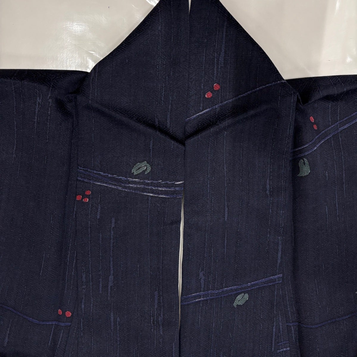 小紋 身丈162cm 裄丈62cm S 袷 葉と実 縞 濃紺 正絹 優品｜中古・古着