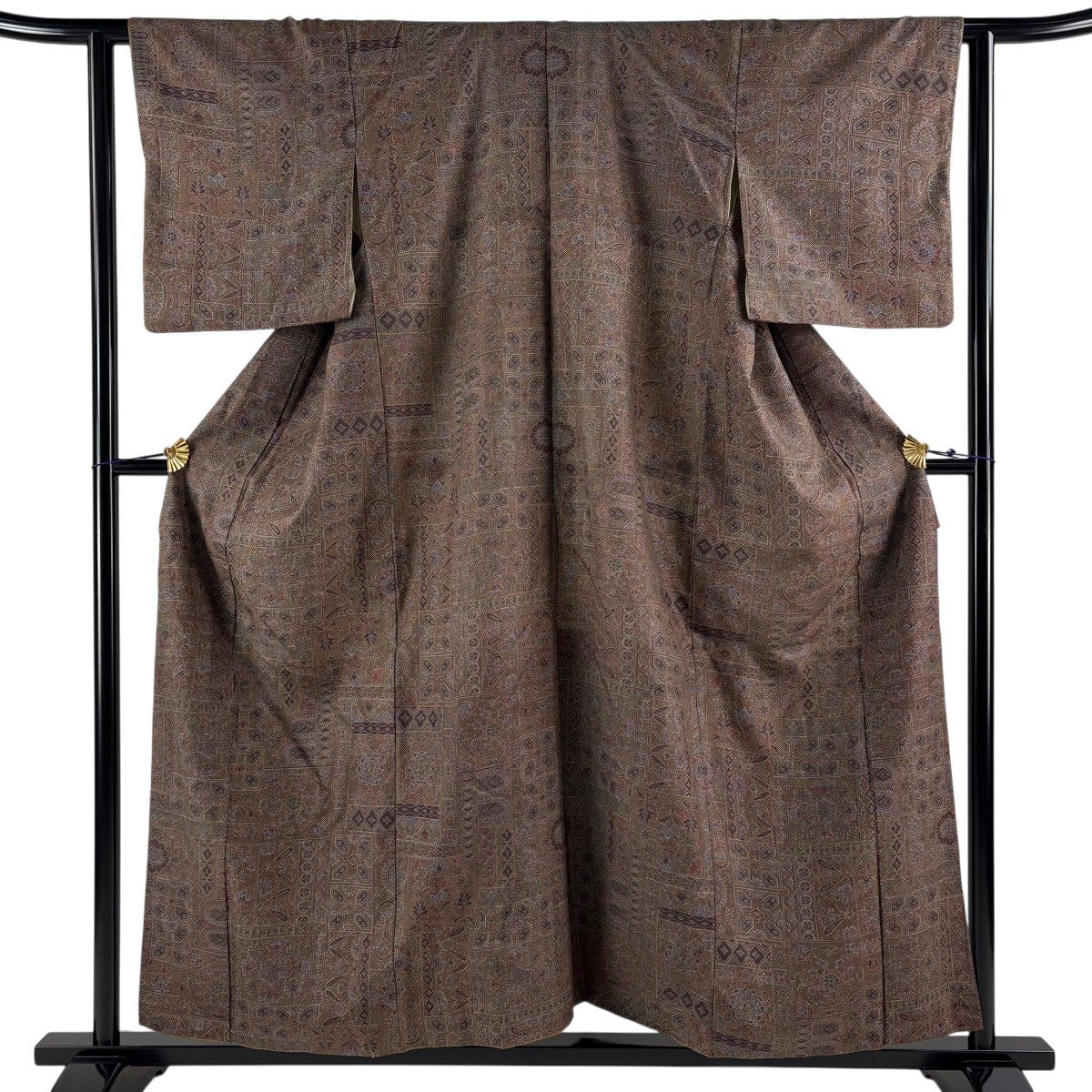 小紋 身丈157.5cm 裄丈61.5cm 正絹 秀品 【中古】 小紋 身丈157cm 裄丈61.5cm S 袷 草花 幾何学 茶色 正絹 優品｜中古