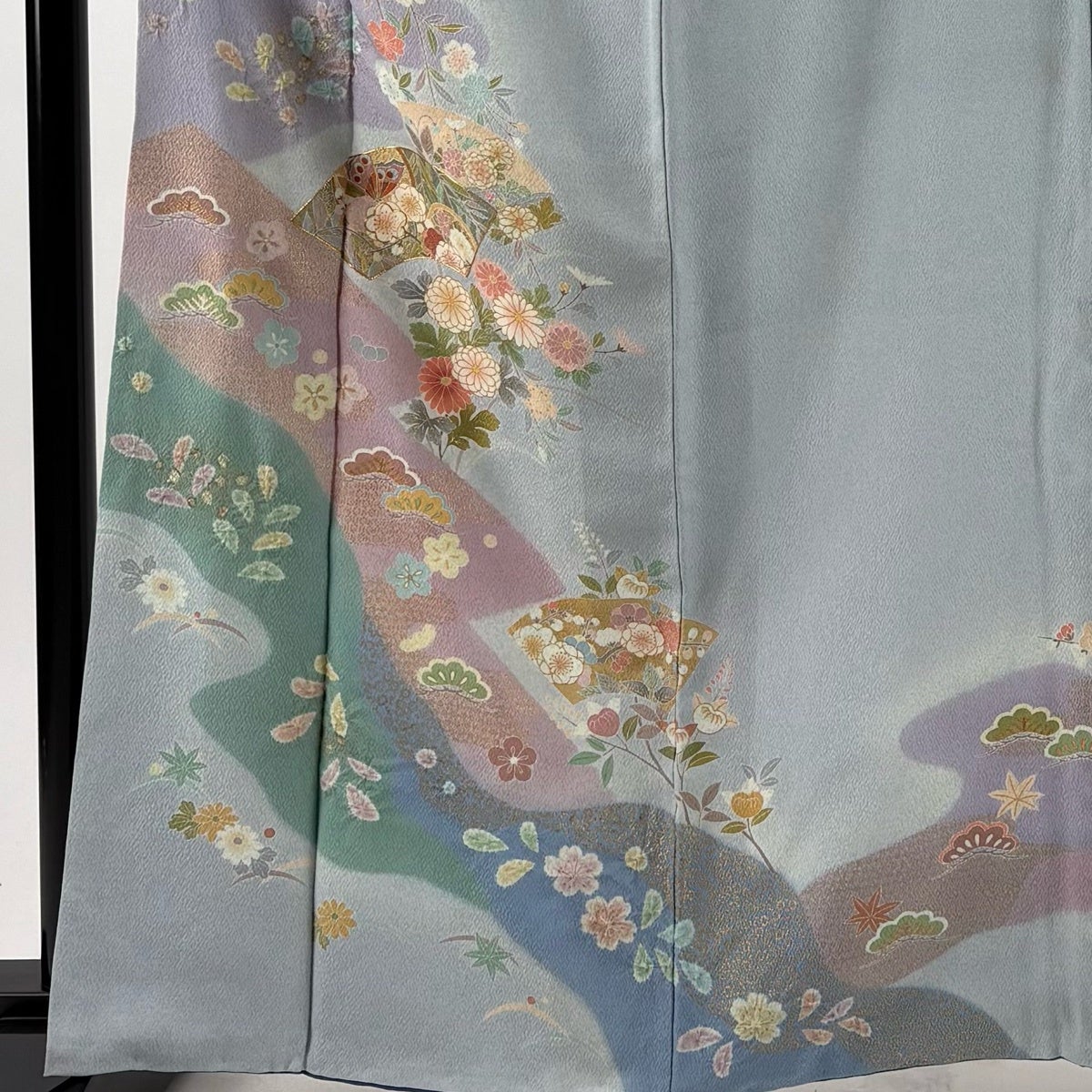 訪問着 身丈162cm 裄丈67cm M 袷 扇面 草花 金糸 金彩 水色 正絹 秀品