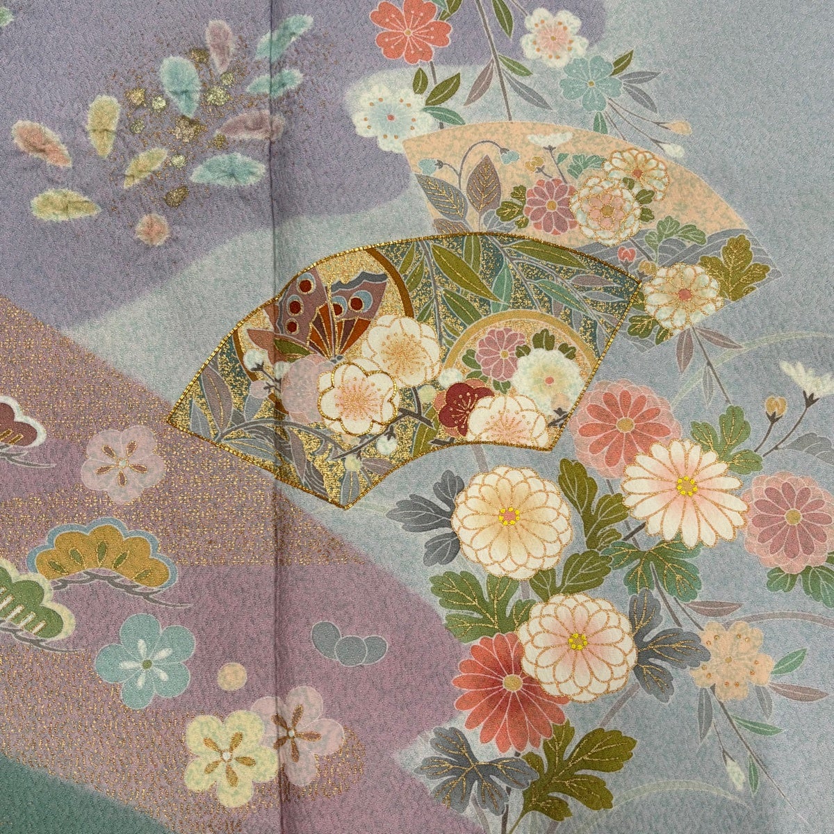［5481］訪問着 美品 扇面草花文様 金彩 絞り 刺繍 正絹 着物 袷 訪問着 身丈162cm 裄丈67cm M 袷 扇面 草花 金糸 金彩 水色 正絹 秀品