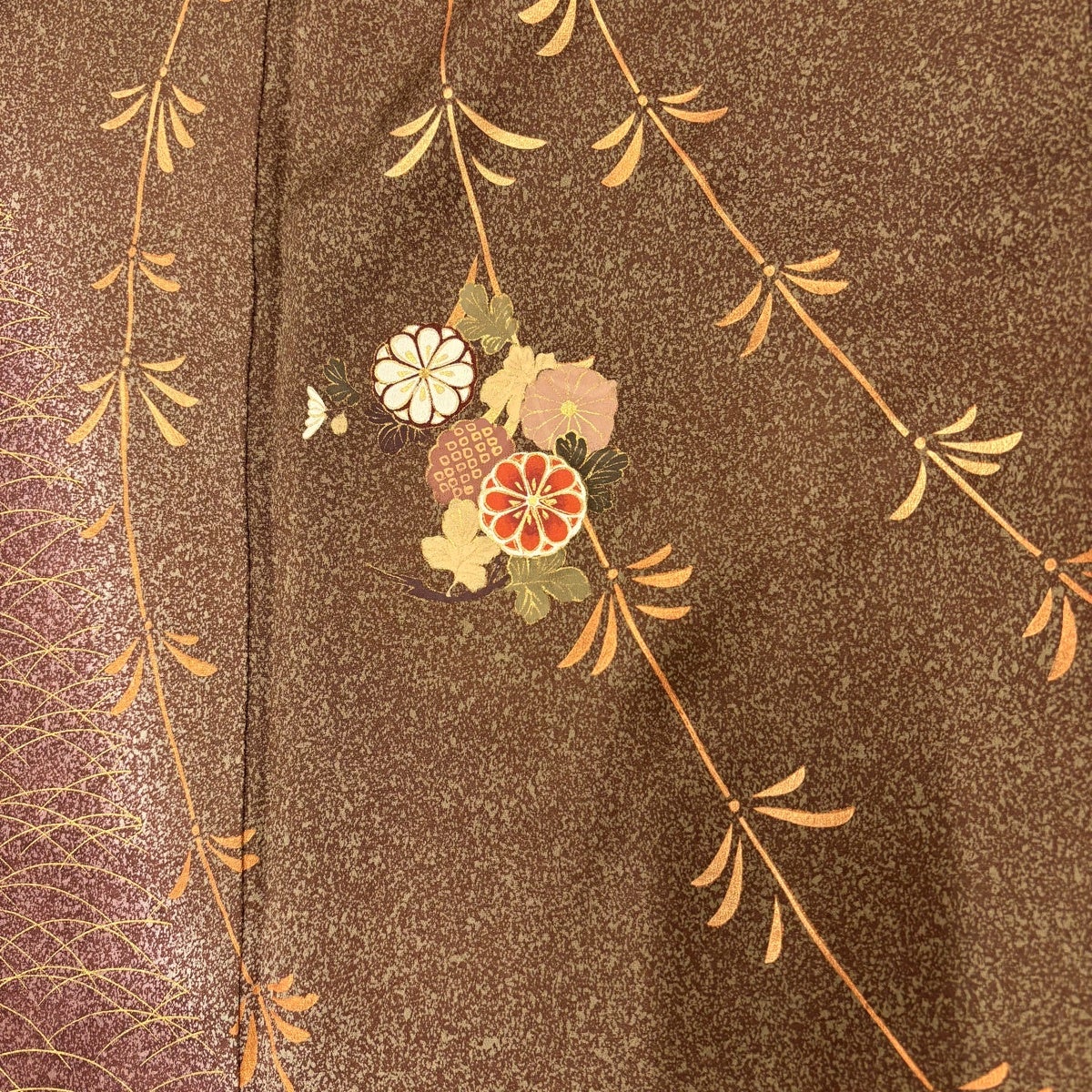 訪問着 身丈169.5cm 裄丈66cm M 袷 草花 芝 金彩 ぼかし 茶緑色 正絹