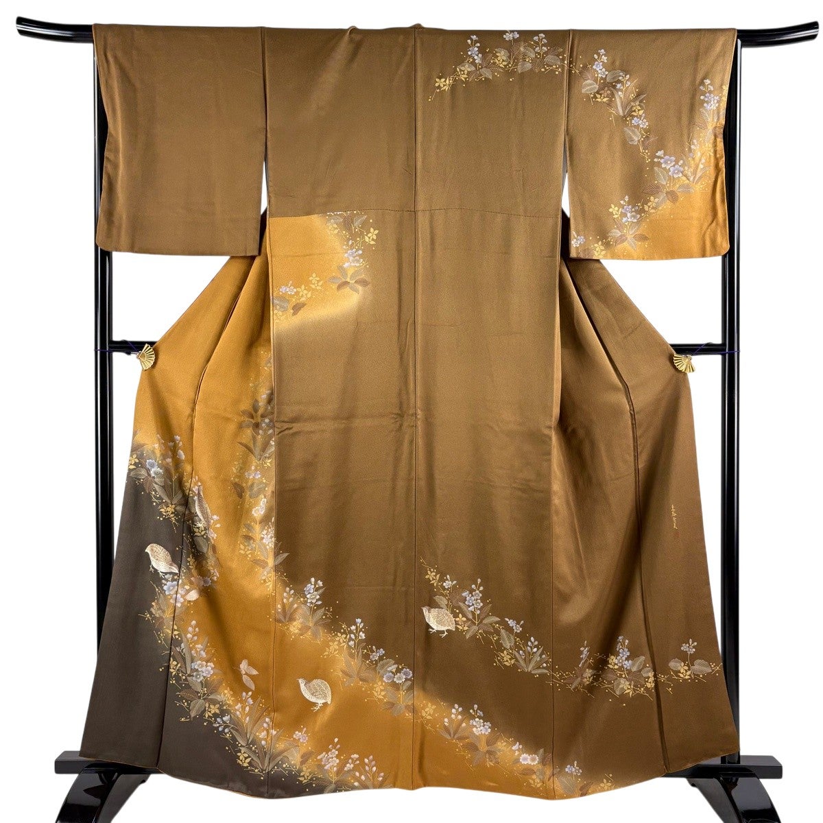 美品】 訪問着 身丈160cm 裄丈66.5cm M 袷 落款あり 草花 うずら 金銀
