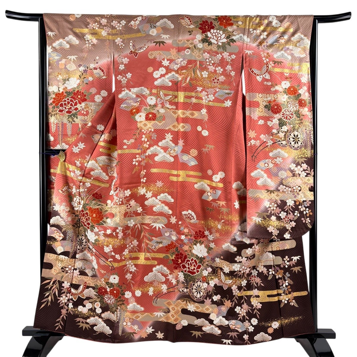 美品】 振袖 身丈154cm 裄丈61.5cm S 袷 花車 桜 金糸 金彩 紺色 正絹