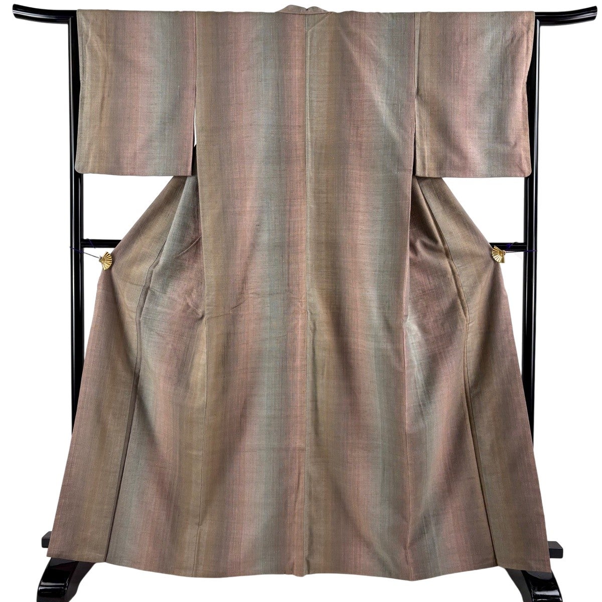 美品】 紬 身丈163cm 裄丈63.5cm S 袷 建物 樹木 灰茶 正絹 秀品｜中古