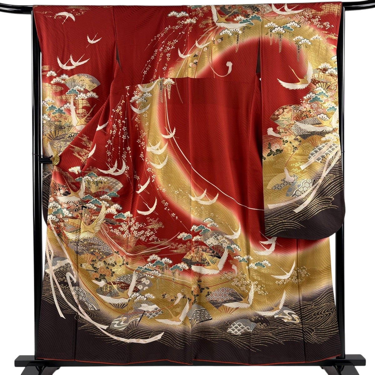 振袖 美品 名品 身丈158.5cm 裄丈66cm 正絹 【中古】 振袖 身丈158.5cm 裄丈66.5cm M 袷 鶴 梅 金糸 金彩 深緑 正絹 名品