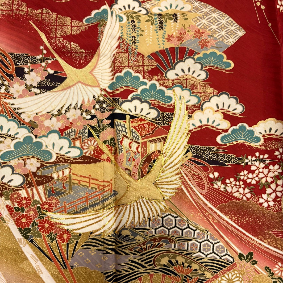 振袖 身丈158cm 裄丈65cm M 袷 鶴 扇 金糸 金彩 赤 正絹 秀品｜中古