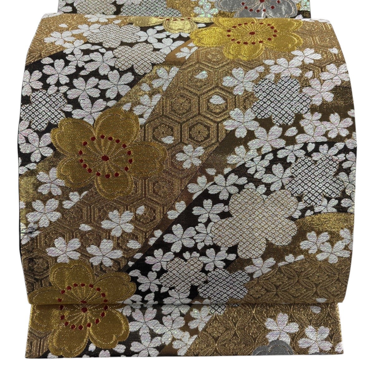 袋帯 秀品 関西仕立て 草花 亀甲 箔 金糸 青緑 六通 正絹｜中古・古着