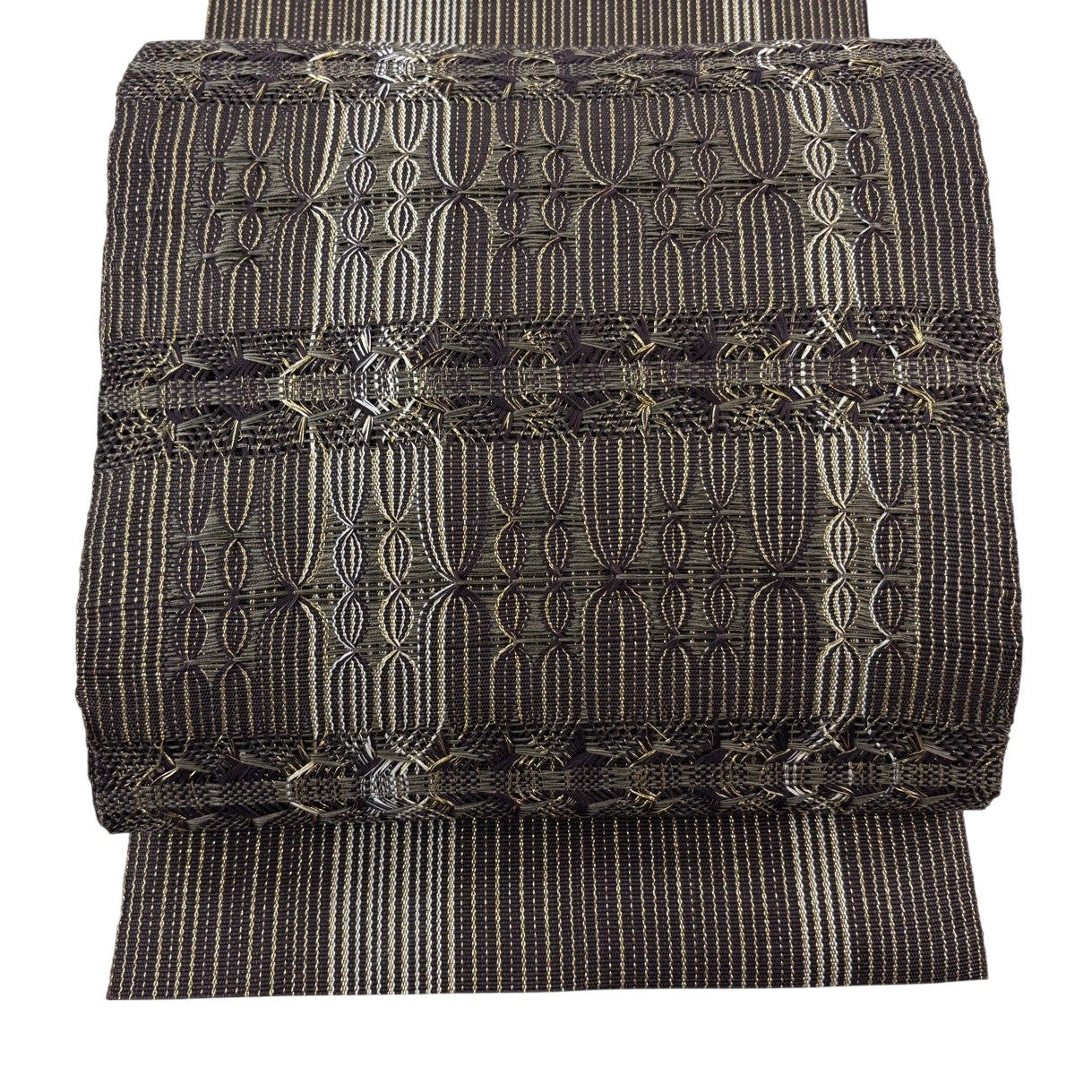 美品】 名古屋帯 秀品 八寸名古屋帯 松葉仕立て 縞 幾何学 金糸 焦茶色