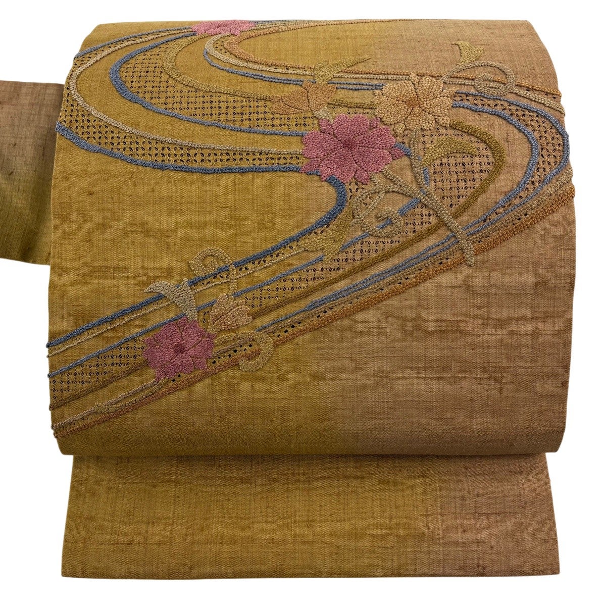 名古屋帯 秀品 紬地 関西仕立て 水鳥 流水 相良刺繍 汕頭刺繍 灰緑
