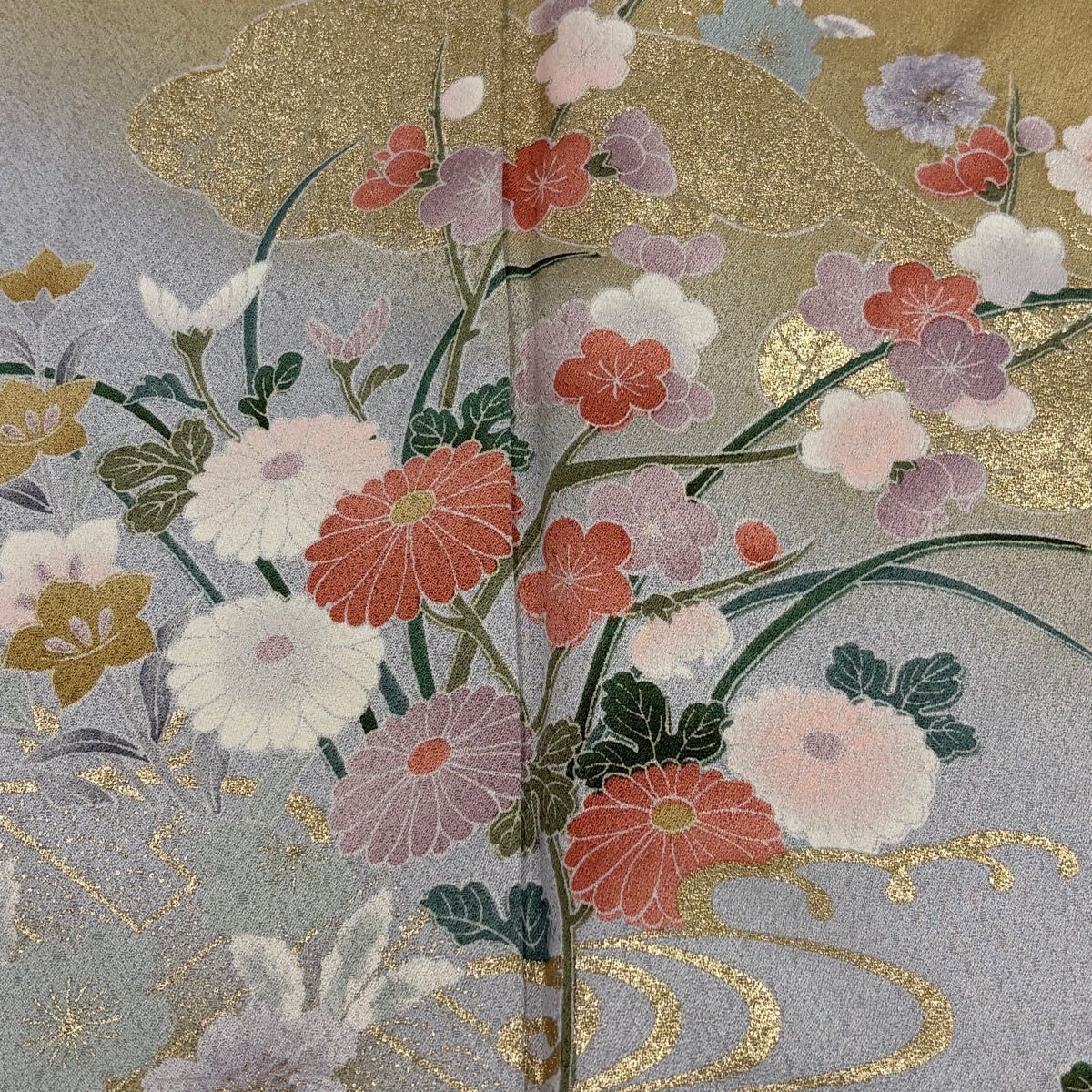 訪問着 身丈163cm 裄丈67.5cm L 袷 桜 流水 金彩 染め分け 薄黄土色