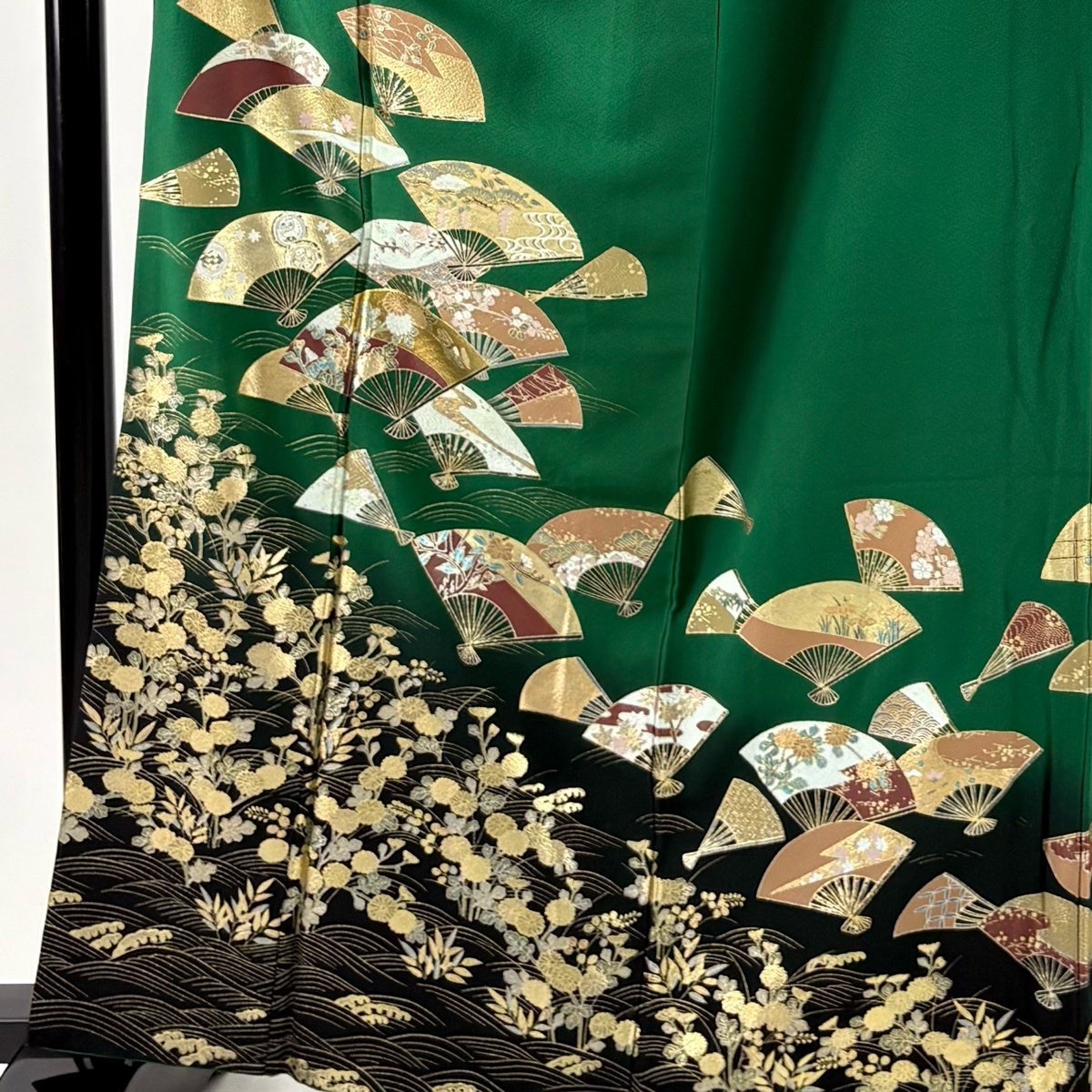 振袖 身丈162cm 裄丈65cm M 袷 扇 波 金銀彩 染め分け 緑 正絹 秀品