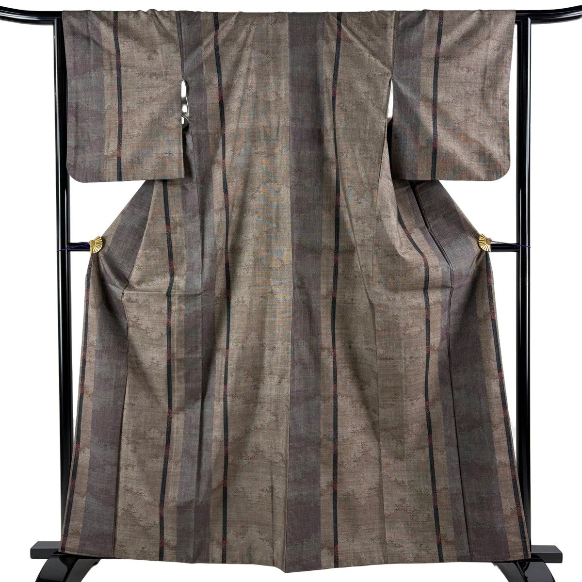 美品】 紬 身丈161.5cm 裄丈64.5cm M 袷 縦縞 幾何学模様 焦茶色 正絹