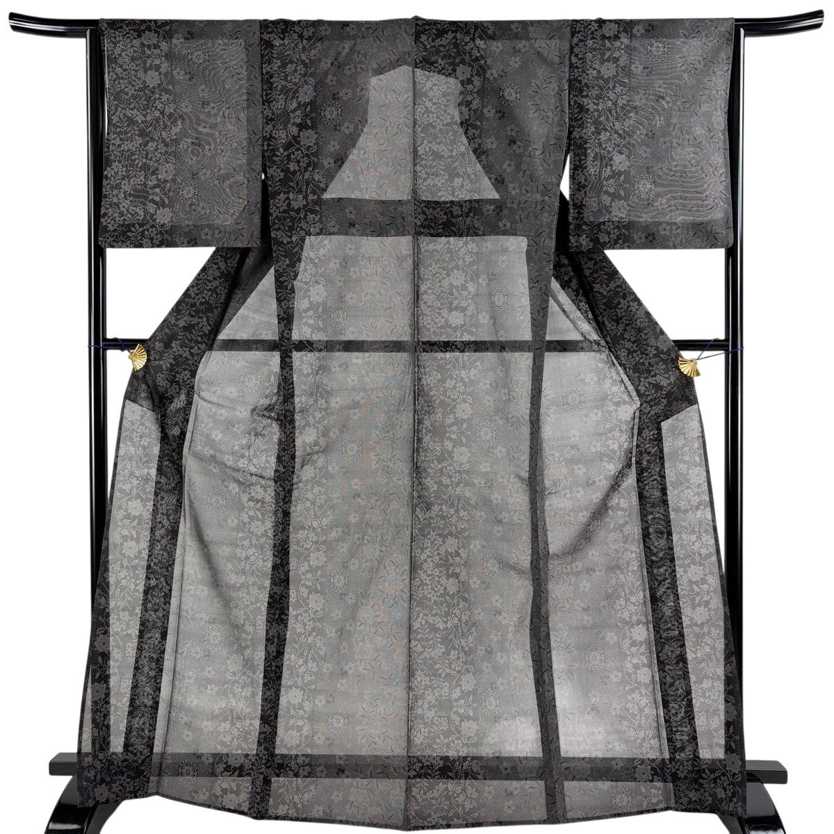 紬 身丈168cm 裄丈64cm M 薄物 夏紬地 草花 華文 黒灰 正絹 名品｜中古