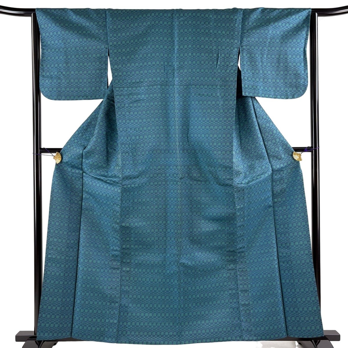 「縁」150ｃｍ～156ｃｍ 単衣 バチ衿 青褐色 紬着尺 正絹 Ｃ２５１ 美品】 お召 身丈160cm 裄丈63.5cm S 単衣 バチ衿 幾何学 青緑 正絹