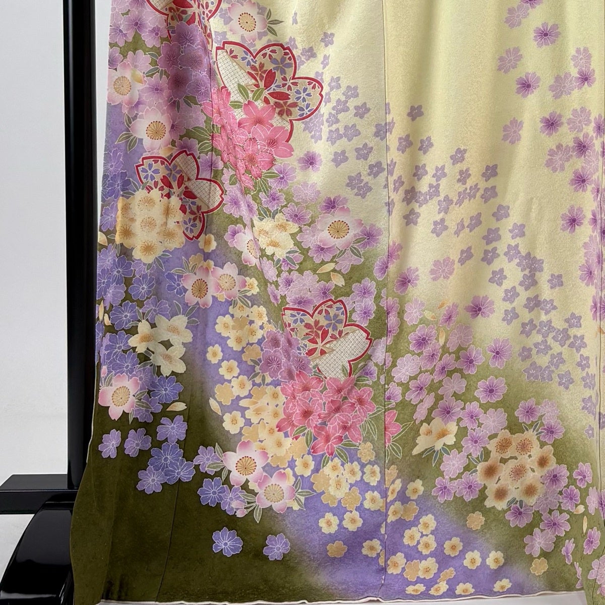 訪問着 身丈168cm 裄丈72cm L 袷 桜 草花 箔 銀通し 薄黄 正絹 名品