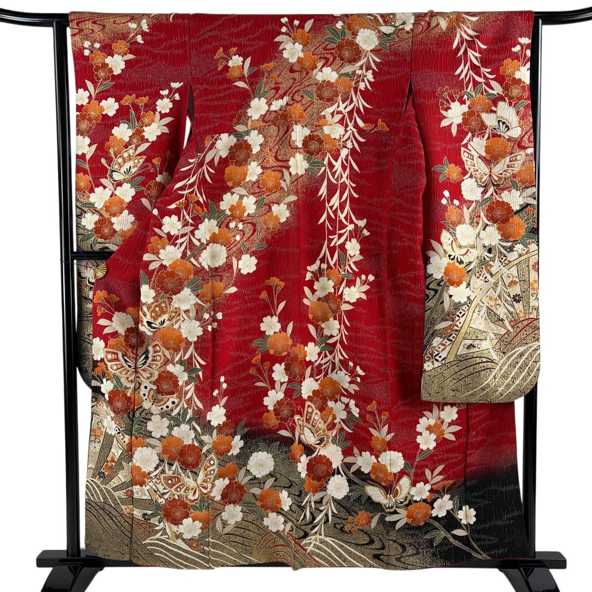 振袖 身丈158cm 裄丈63cm S 袷 枝垂れ桜 蝶 金彩 銀通し 赤 正絹 名品