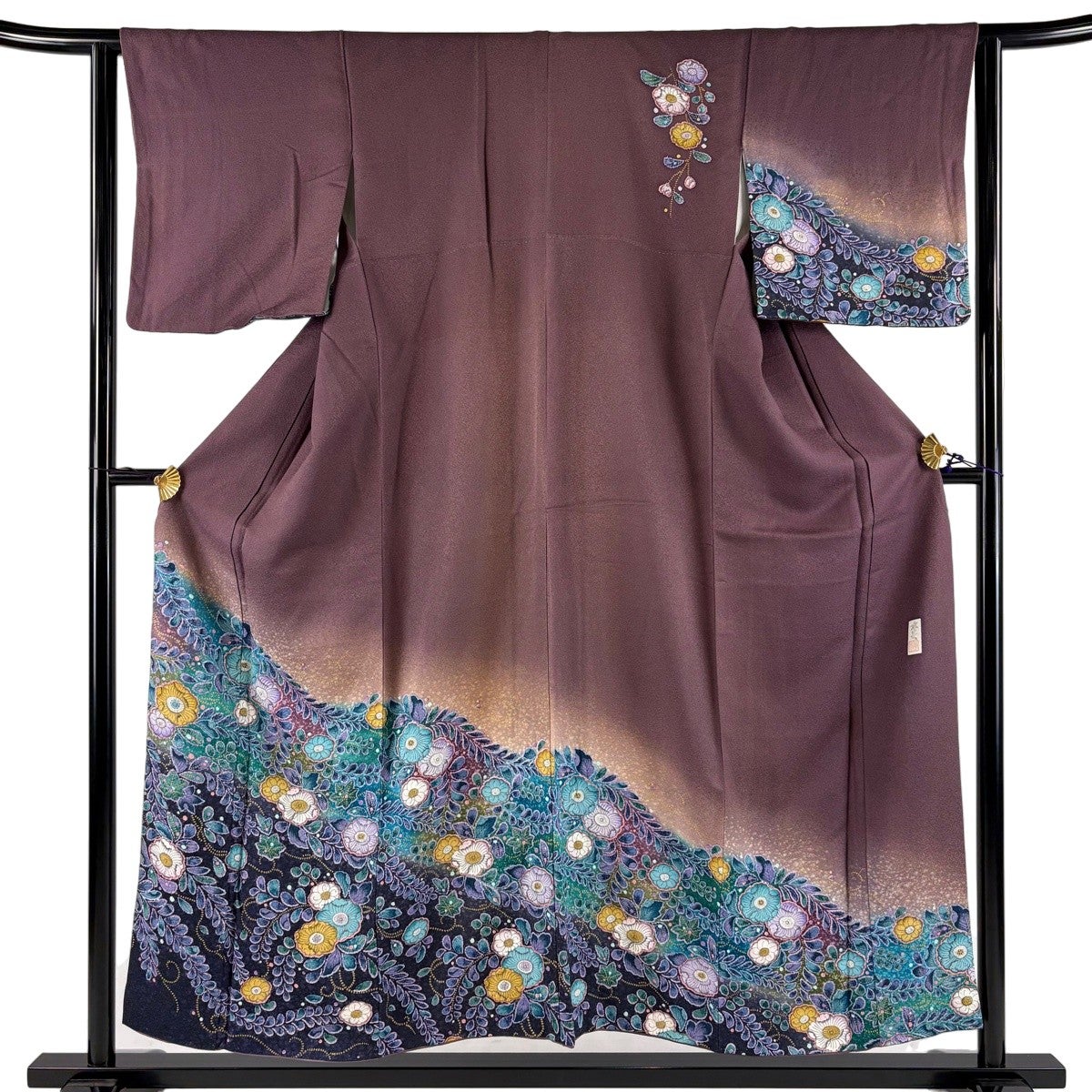 訪問着 身丈154cm 裄丈63.5cm S 袷 草花 染め分け 金彩 山吹色 正絹 秀