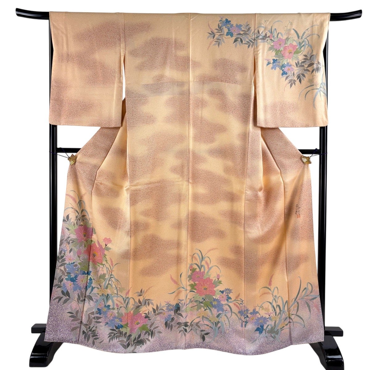 訪問着 身丈166.5cm 裄丈66cm M 袷 田屋鬼彩 落款あり 草花 霞 ぼかし