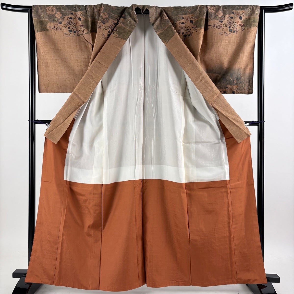 訪問着 身丈162.5cm 裄丈65cm M 袷 紬地 草花 霞 金彩 茶色 正絹 名品