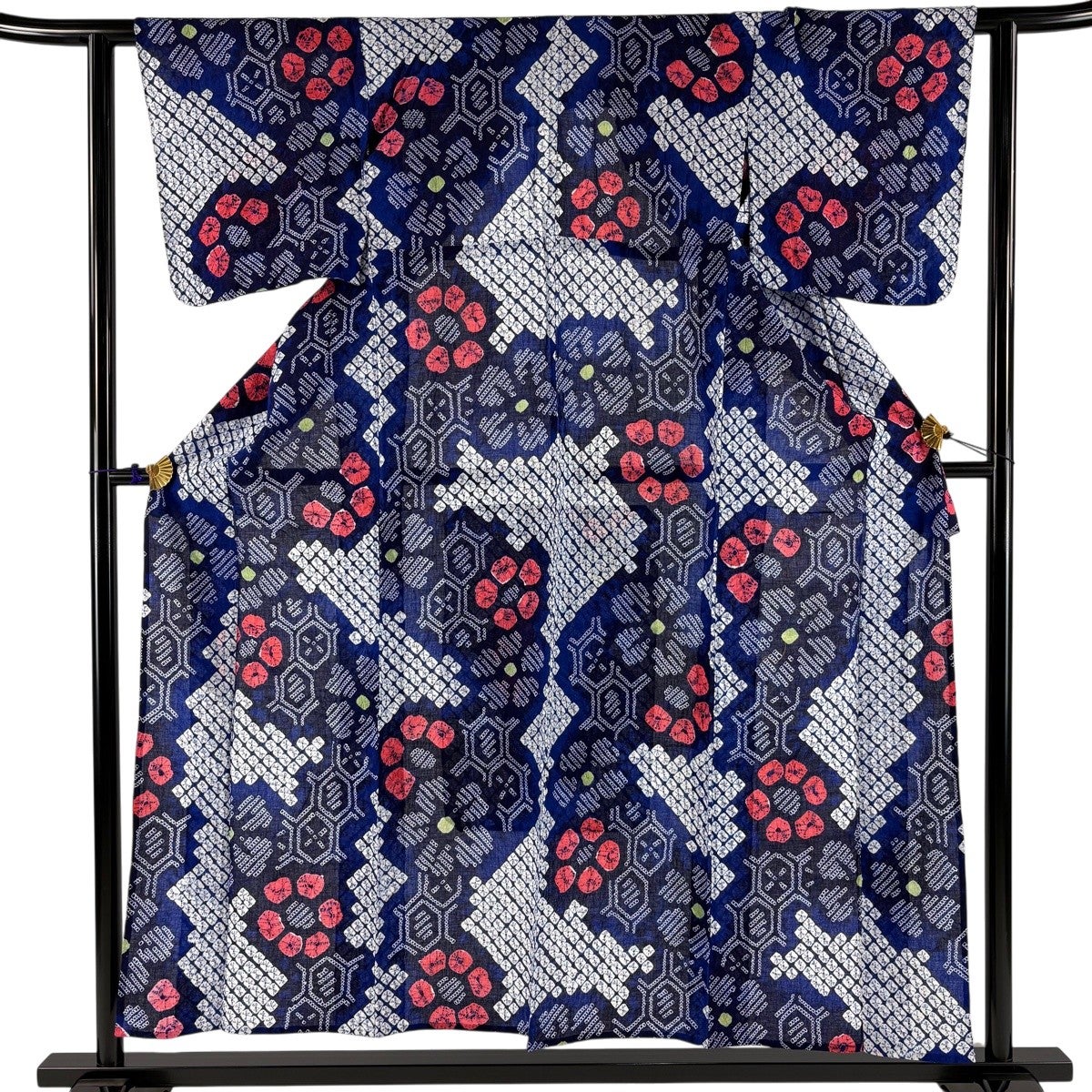 美品】 浴衣 身丈153cm 裄丈61cm S 絞り浴衣 亀甲 花 青 綿 名品｜中古