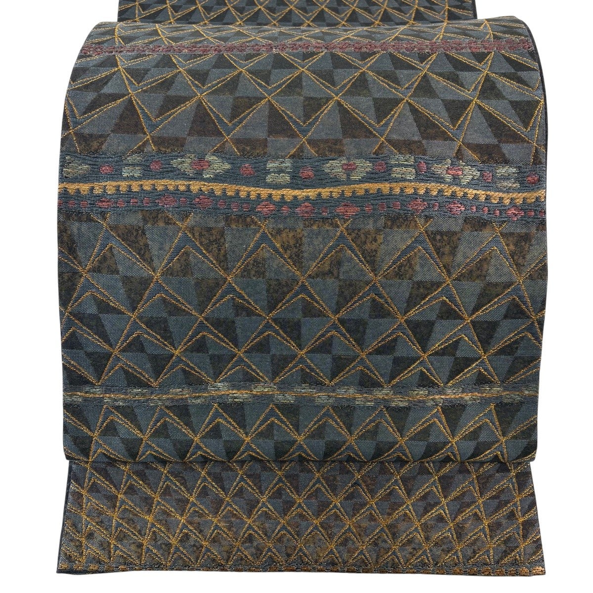 美品】 袋帯 秀品 霞 幾何学模様 金糸 箔 えんじ色 六通 正絹｜中古