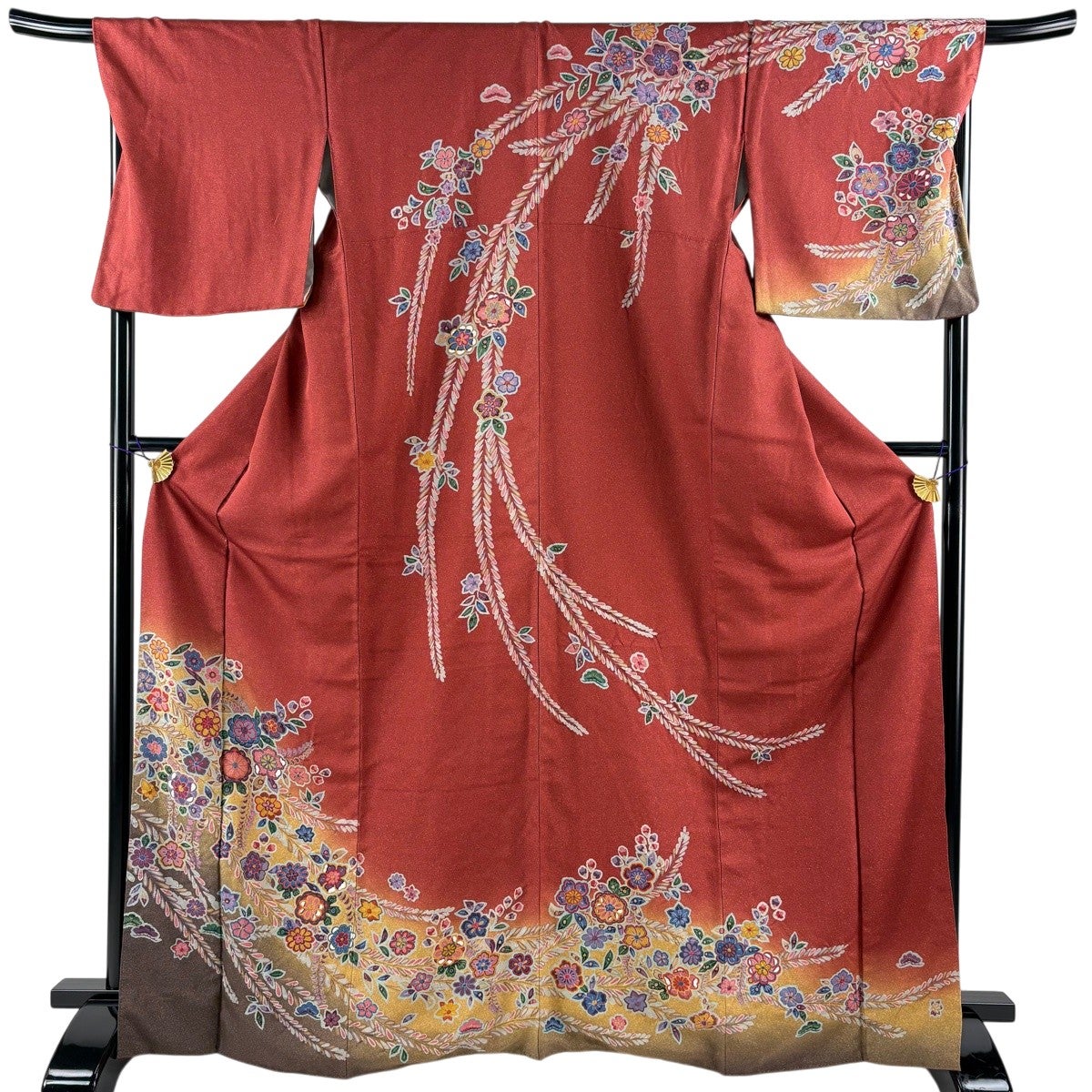 訪問着 身丈167.5cm 裄丈70cm L 袷 菊 牡丹 刺繍 金彩 茶緑色