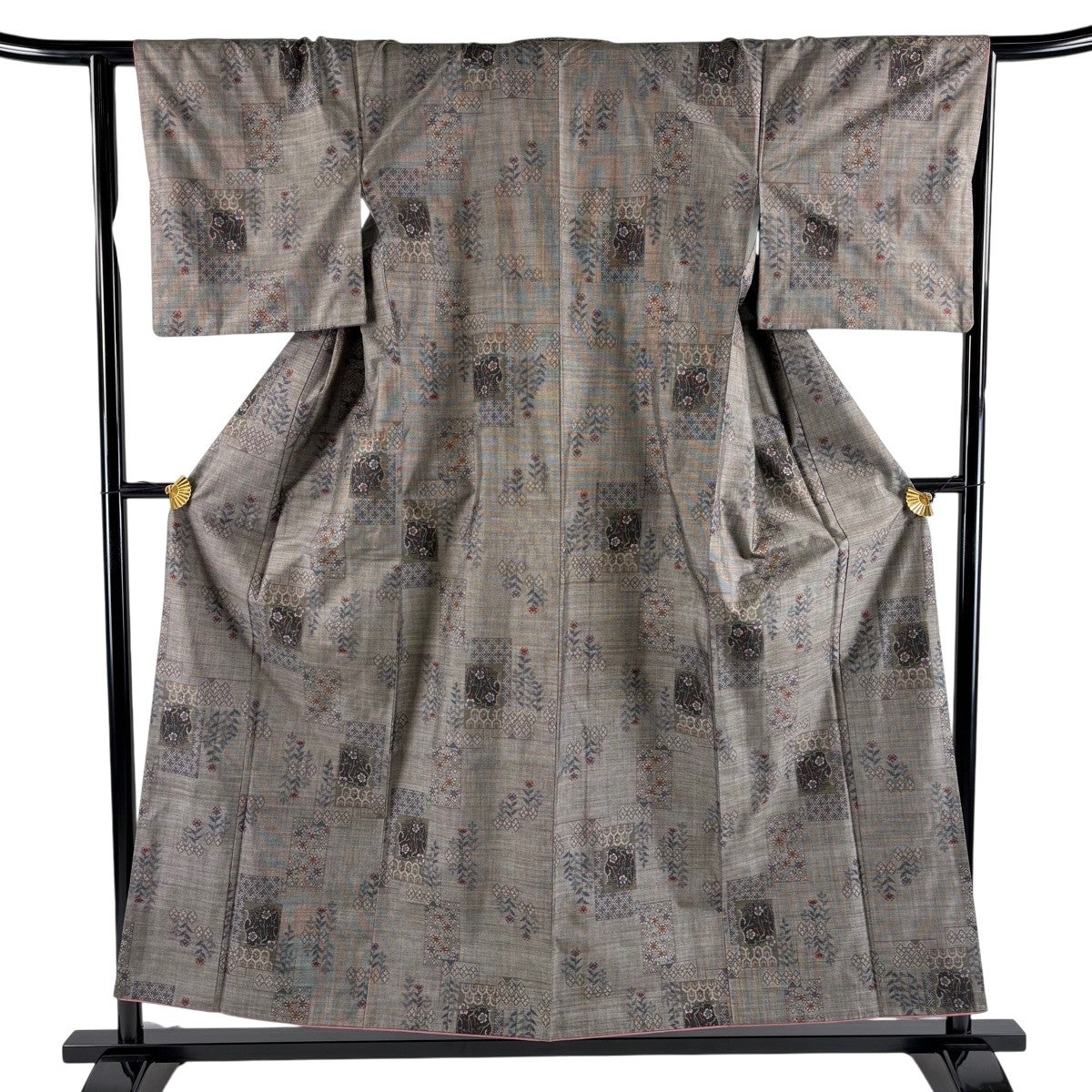 美品】 紬 身丈156.5cm 裄丈63cm S 袷 古知谷紬 証紙あり 縞 幾何学 青