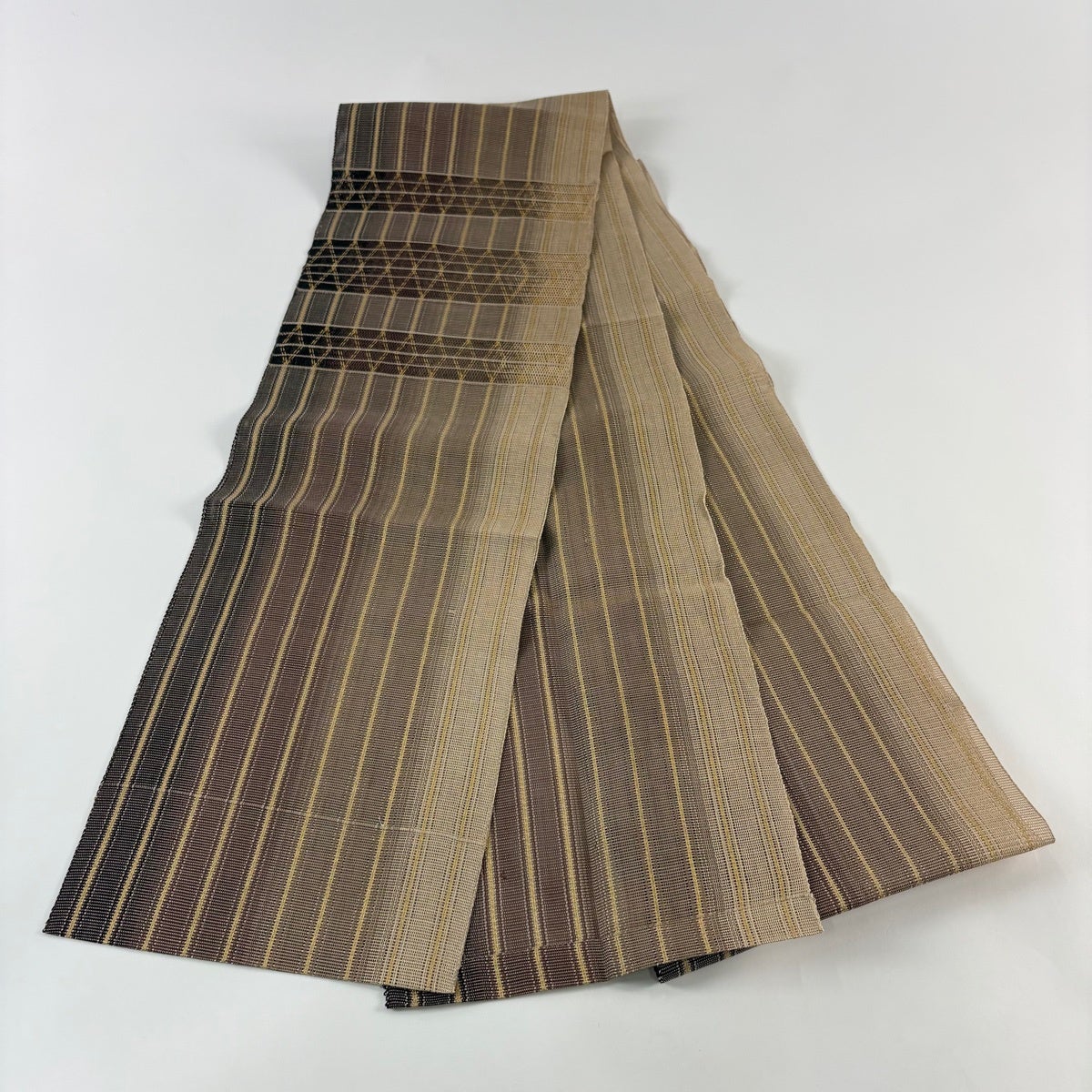 名古屋帯 膨れ織 縞模様 茶色系 オシャレ NO-1151 Prices down2】本場筑前博多織名古屋帯「焦げ茶色 華文縞」未仕立て 八