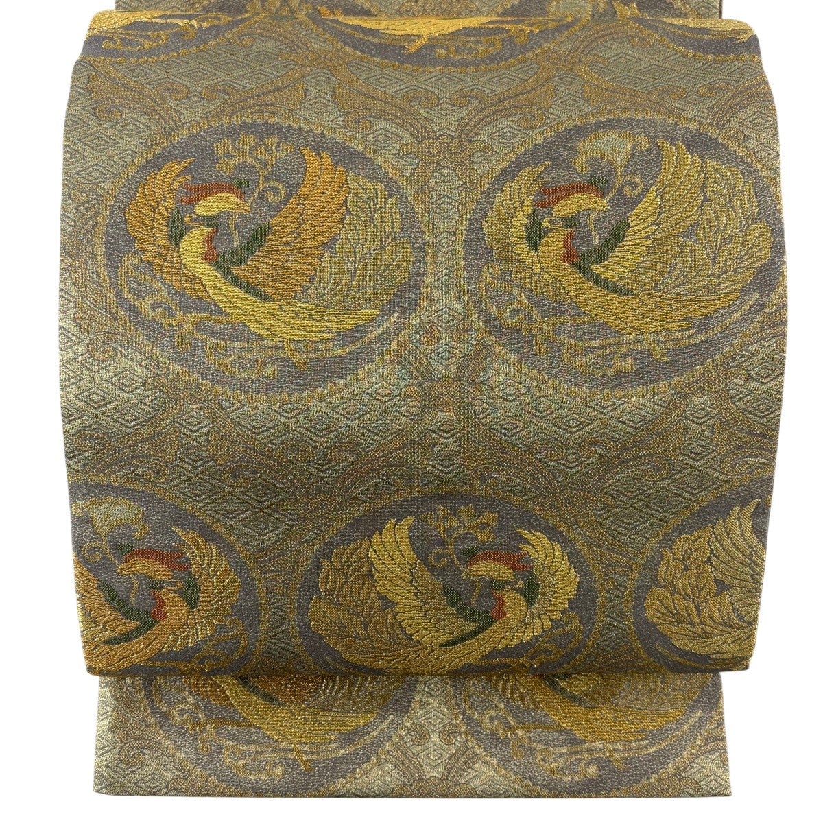 美品】 袋帯 名品 落款あり 鳳凰 花唐草 金糸 箔 赤茶 六通 正絹｜中古