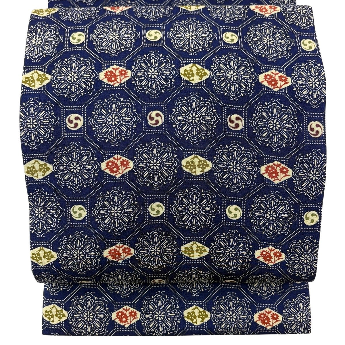 花に瓢箪の図 紺色 多色 金銀 袋帯 A813-10 【中古】 銀座【L-8409】袋帯 紺鼠色×金色 華文 - 銀座きもの青木｜長く大切に着