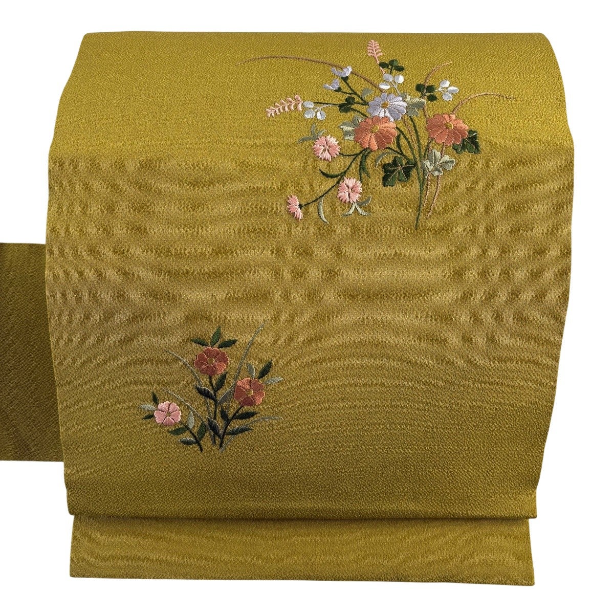 美品】 名古屋帯 秀品 草花 金銀糸 刺繍 黄土色 正絹｜中古・古着