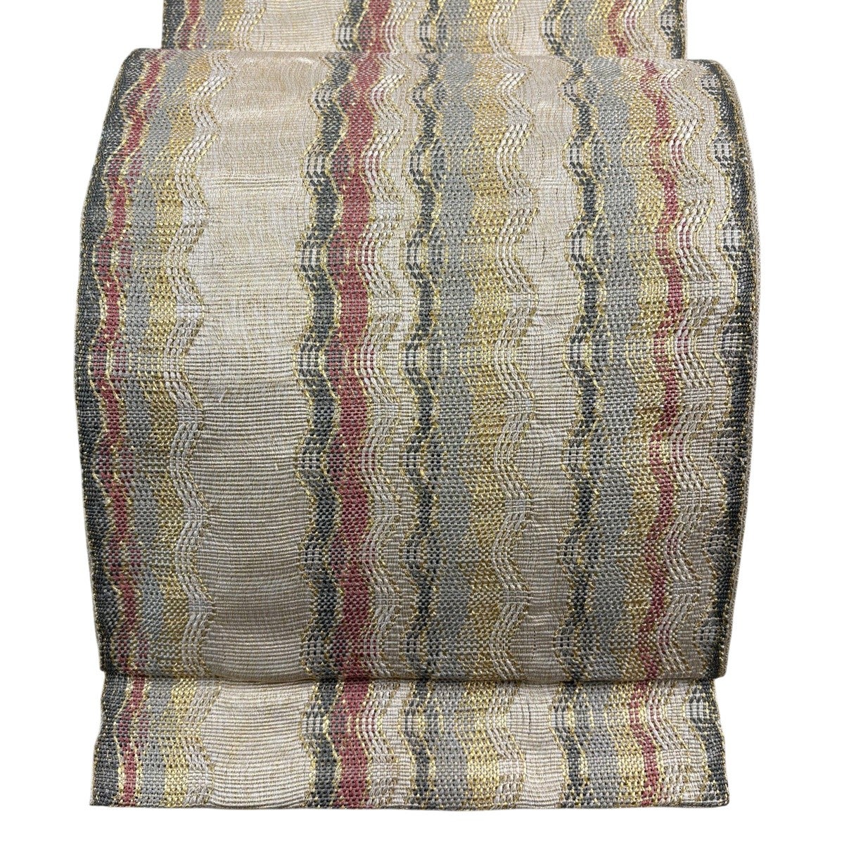 平和屋着物＊夏物　九寸名古屋帯　よろけ縞　銀糸　正絹　逸品　DABB3556cm 平和屋着物＊夏物 九寸名古屋帯 よろけ縞 銀糸 正絹 逸品 DABB3556cm