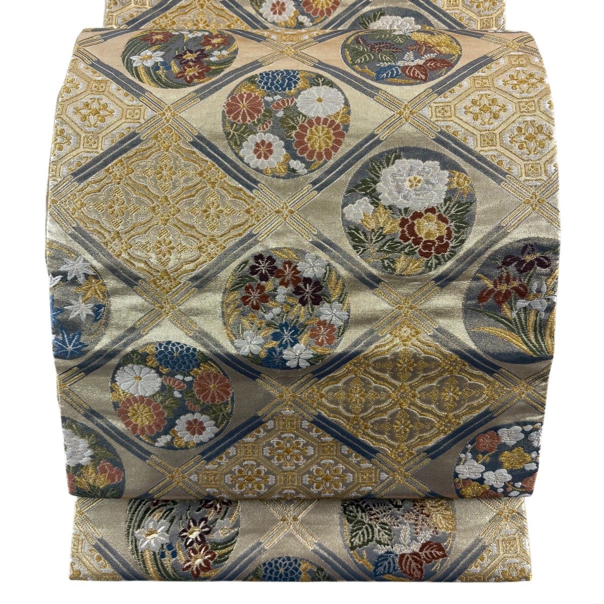 50%OFF 袋帯 秀品 うさぎ 丸文 金銀糸 刺繍 金色 六通 正絹 K50｜中古