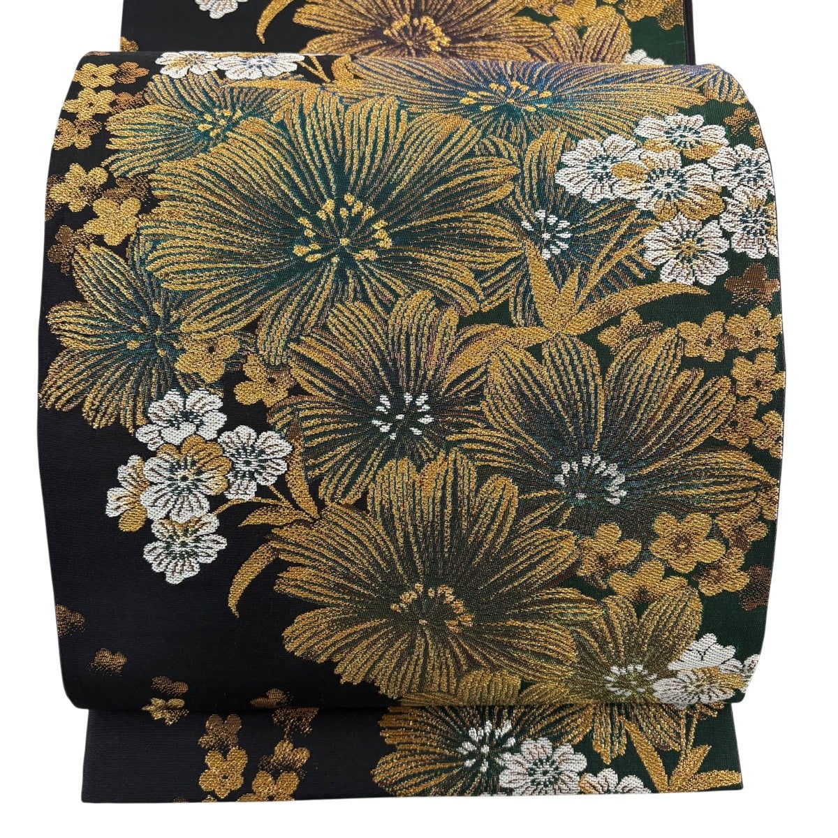 袋帯 秀品 幾何学 草花 金銀糸 箔 黒 六通 正絹｜中古・古着