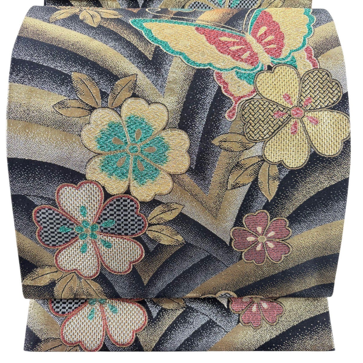 箔　唐織　袋帯 美品】 袋帯 秀品 桜 蝶 唐織 箔 黒 六通 正絹｜中古・古着