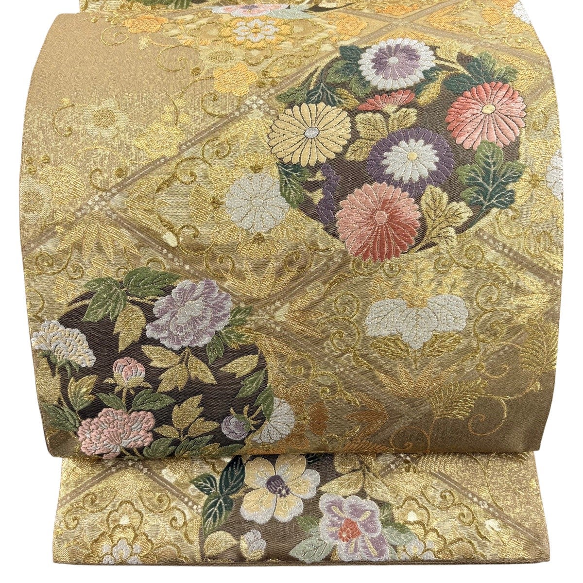 袋帯 秀品 花丸文 松竹梅 唐織 箔 金色 六通 正絹｜中古・古着