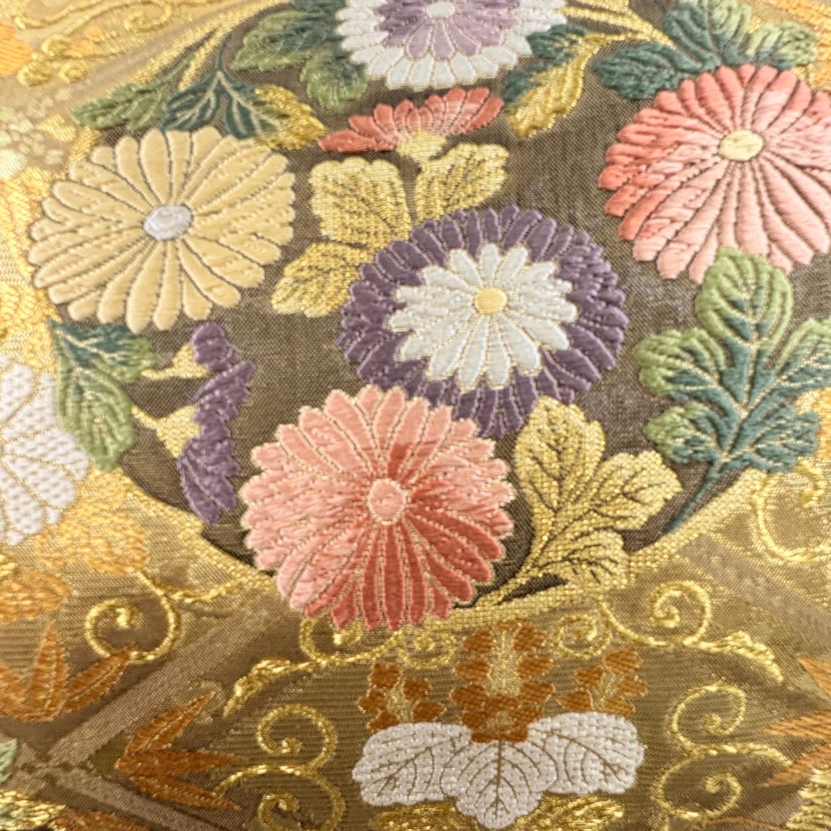 袋帯 松竹梅秀花 唐織 稲穂 唐織 金糸 麦藁色 O-6120 袋帯 秀品 花丸文 松竹梅 唐織 箔 金色 六通 正絹｜中古・古着