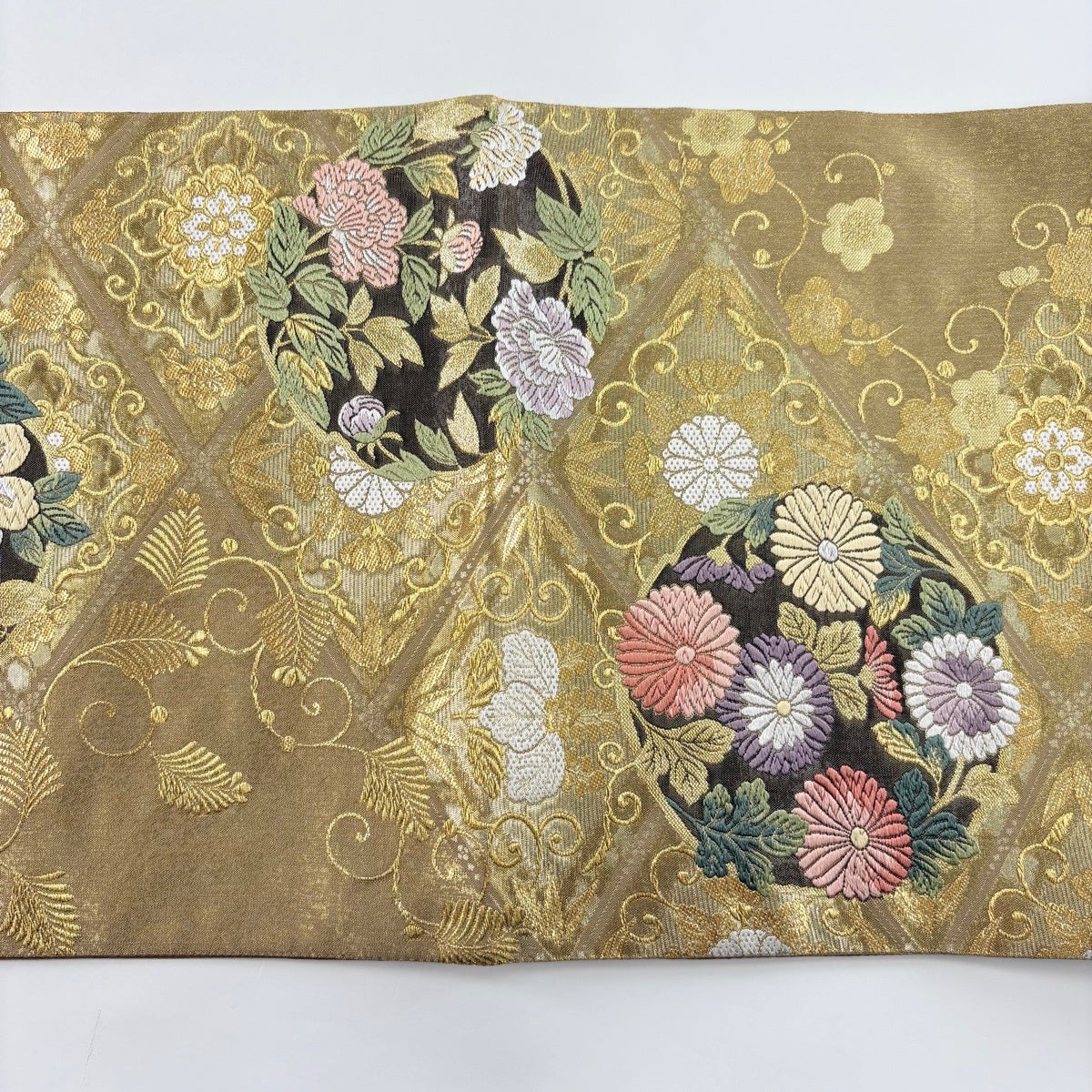 袋帯 松竹梅秀花 唐織 稲穂 唐織 金糸 麦藁色 O-6120 袋帯 秀品 花丸文 松竹梅 唐織 箔 金色 六通 正絹｜中古・古着