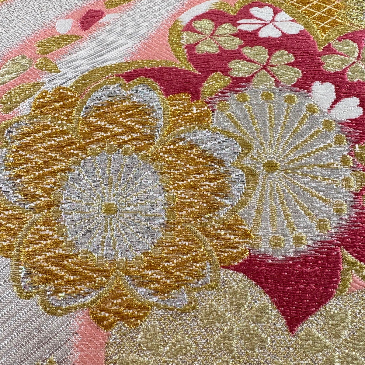 袋帯 秀品 桜 花びら 唐織 箔 銀色 六通 正絹｜中古・古着・リサイクル