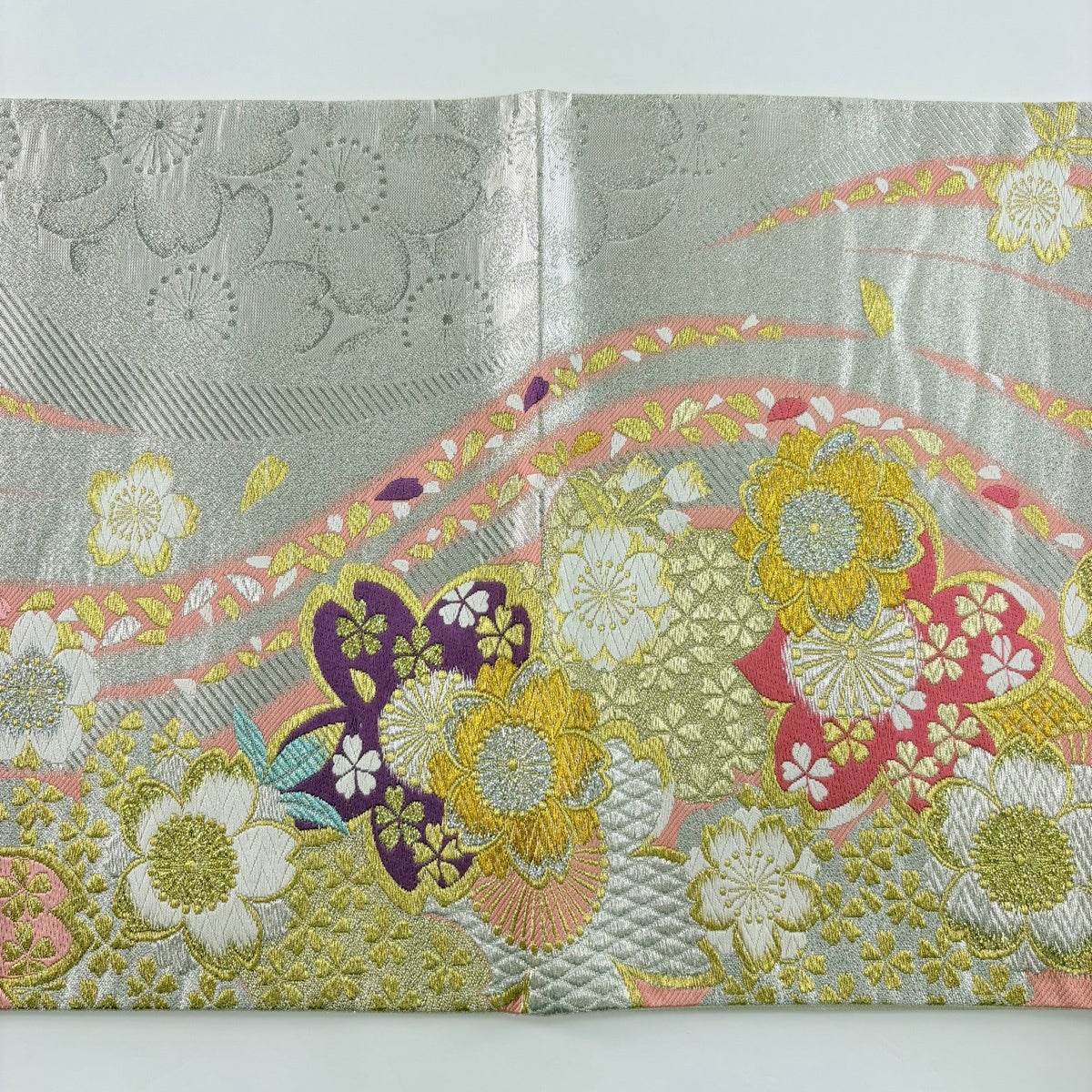 袋帯 秀品 桜 花びら 唐織 箔 銀色 六通 正絹｜中古・古着・リサイクル
