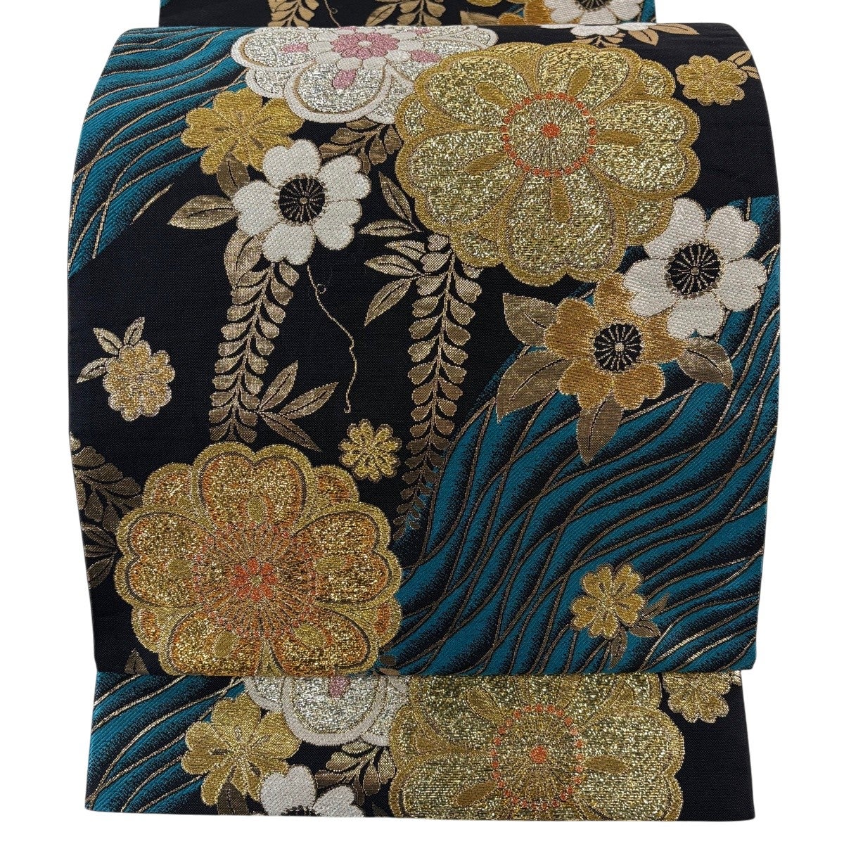 六通袋帯美品✨432㎝ブルー系金糸刺繍で大人豪華！上品吉祥紋様 美品】 袋帯 秀品 菊 梅 金糸 刺繍 深緑 六通 正絹｜中古・古着