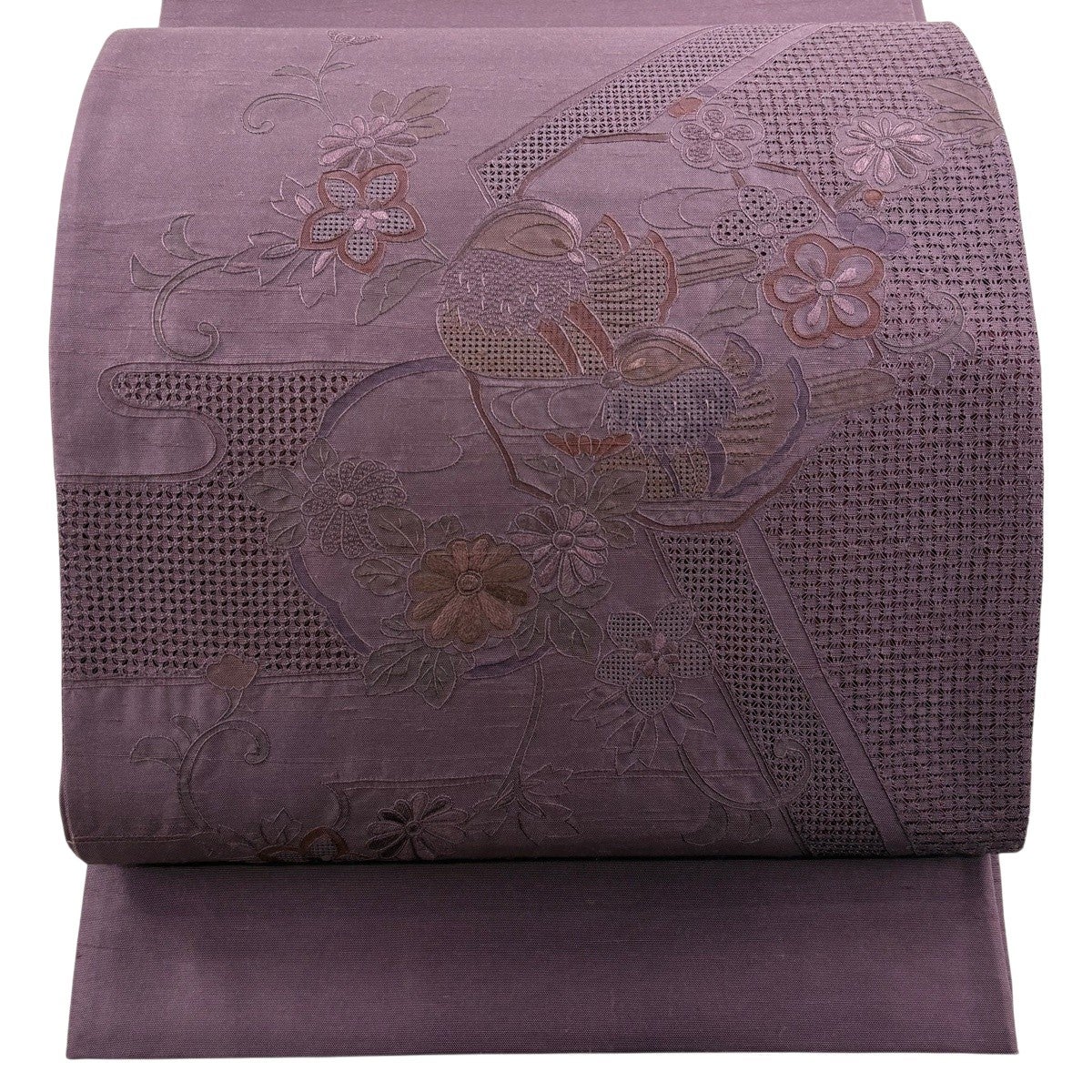 美品】 袋帯 秀品 紬地 鴛鴦 菊 蘇州刺繍 紫 お太鼓柄 正絹｜中古