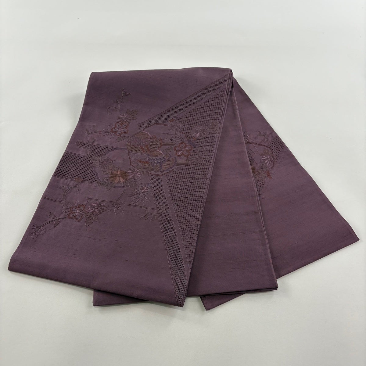 美品】 袋帯 秀品 紬地 鴛鴦 菊 蘇州刺繍 紫 お太鼓柄 正絹｜中古
