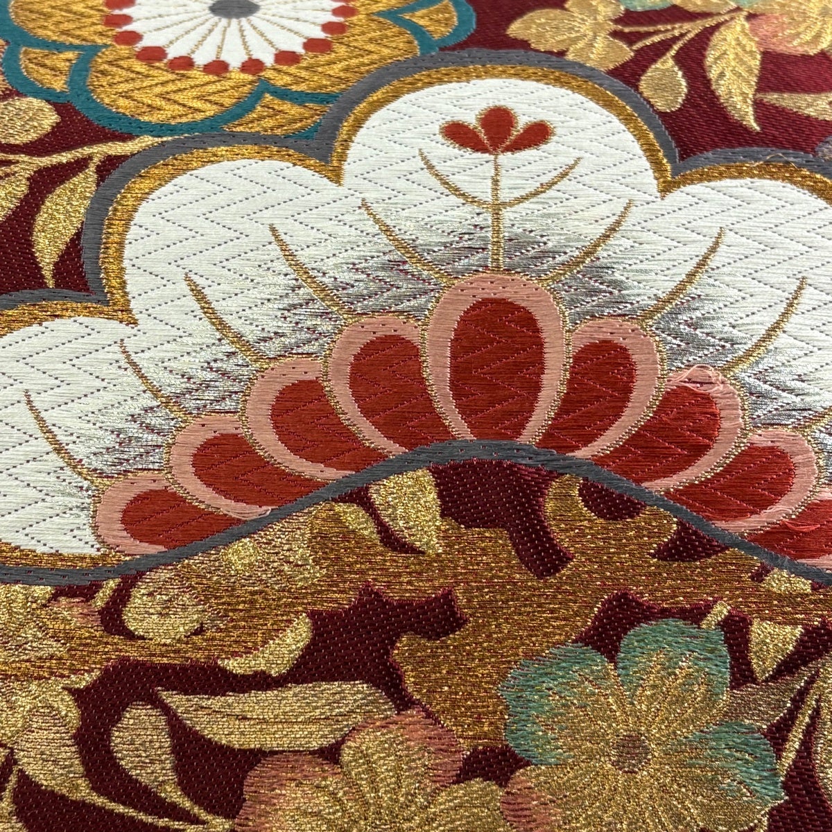 袋帯 秀品 松梅 桐 金銀糸 箔 えんじ色 六通 正絹｜中古・古着